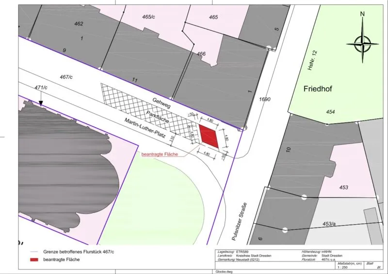 Finaler maßstäblicher Lageplan für das Parklet-Genehmigungsverfahren – Café Glocke Dresden